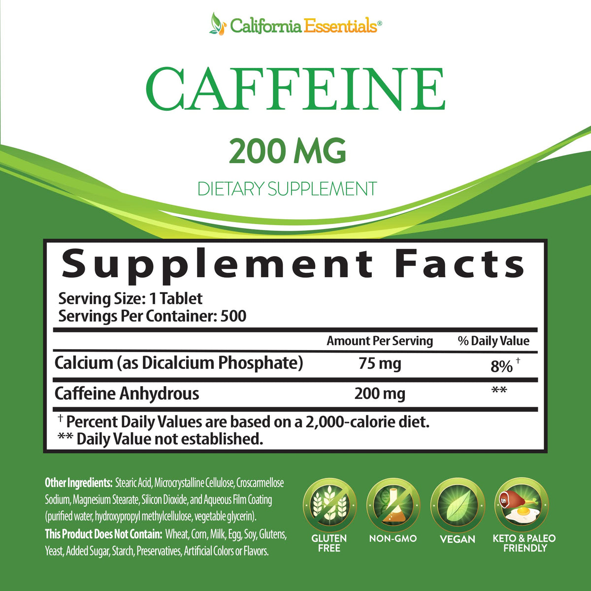 California Essentials Caffeine Pills 200mg Tablets - Energy, Focus & Endurance Support