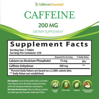 California Essentials Caffeine Pills 200mg Tablets - Energy, Focus & Endurance Support