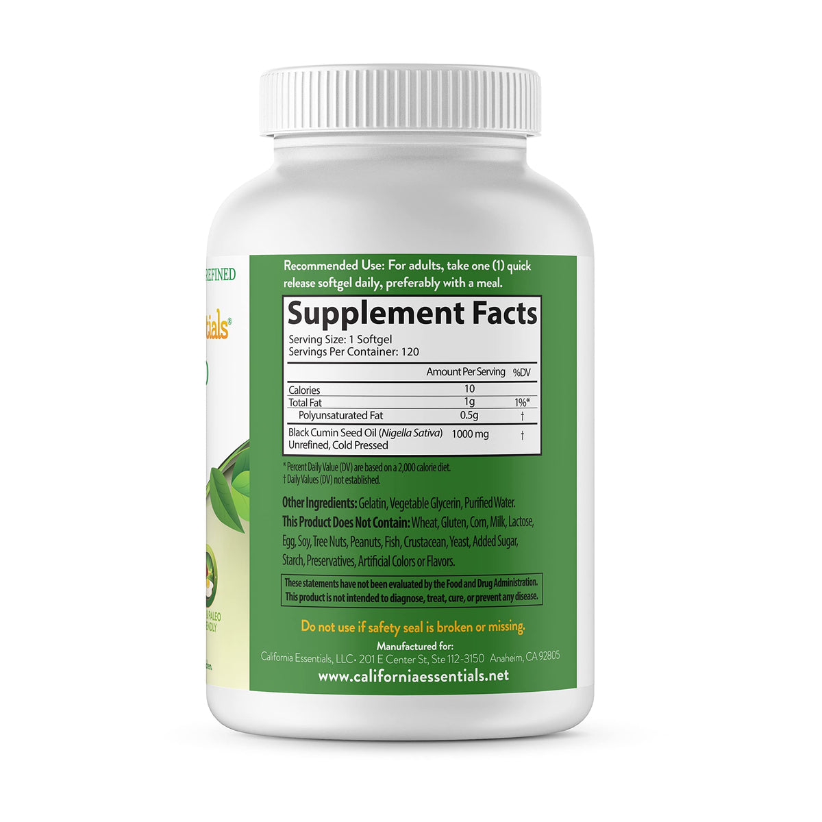 California Essentials Black Seed Oil 1000mg Softgels - Cold Pressed Nigella Sativa - Antioxidant & Immune Support