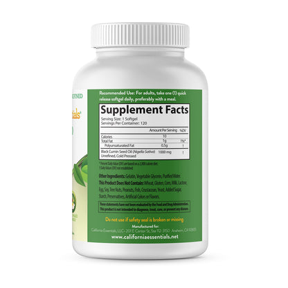 California Essentials Black Seed Oil 1000mg Softgels - Cold Pressed Nigella Sativa - Antioxidant & Immune Support