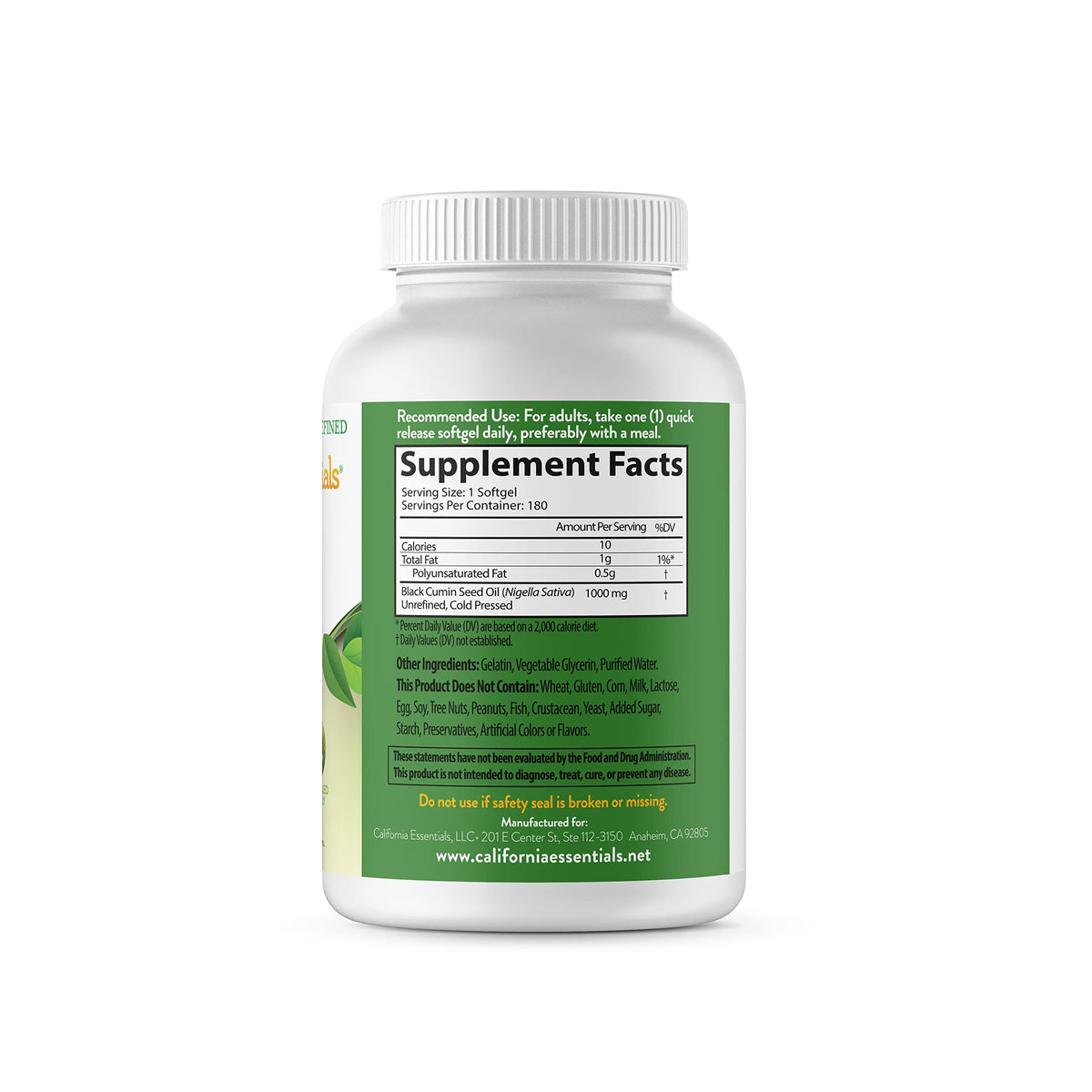 California Essentials Black Seed Oil 1000mg Softgels - Cold Pressed Nigella Sativa - Antioxidant & Immune Support