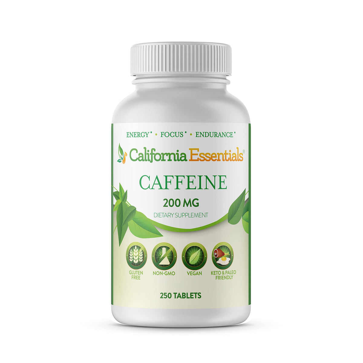 California Essentials Caffeine Pills 200mg Tablets - Energy, Focus & Endurance Support