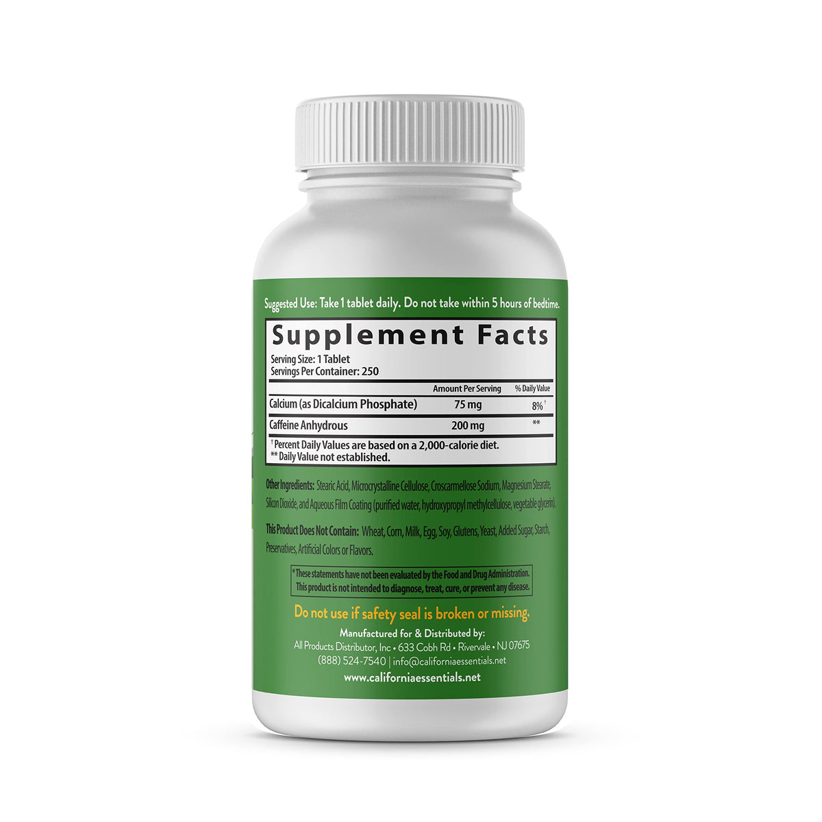California Essentials Caffeine Pills 200mg Tablets - Energy, Focus & Endurance Support