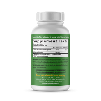 California Essentials Caffeine Pills 200mg Tablets - Energy, Focus & Endurance Support
