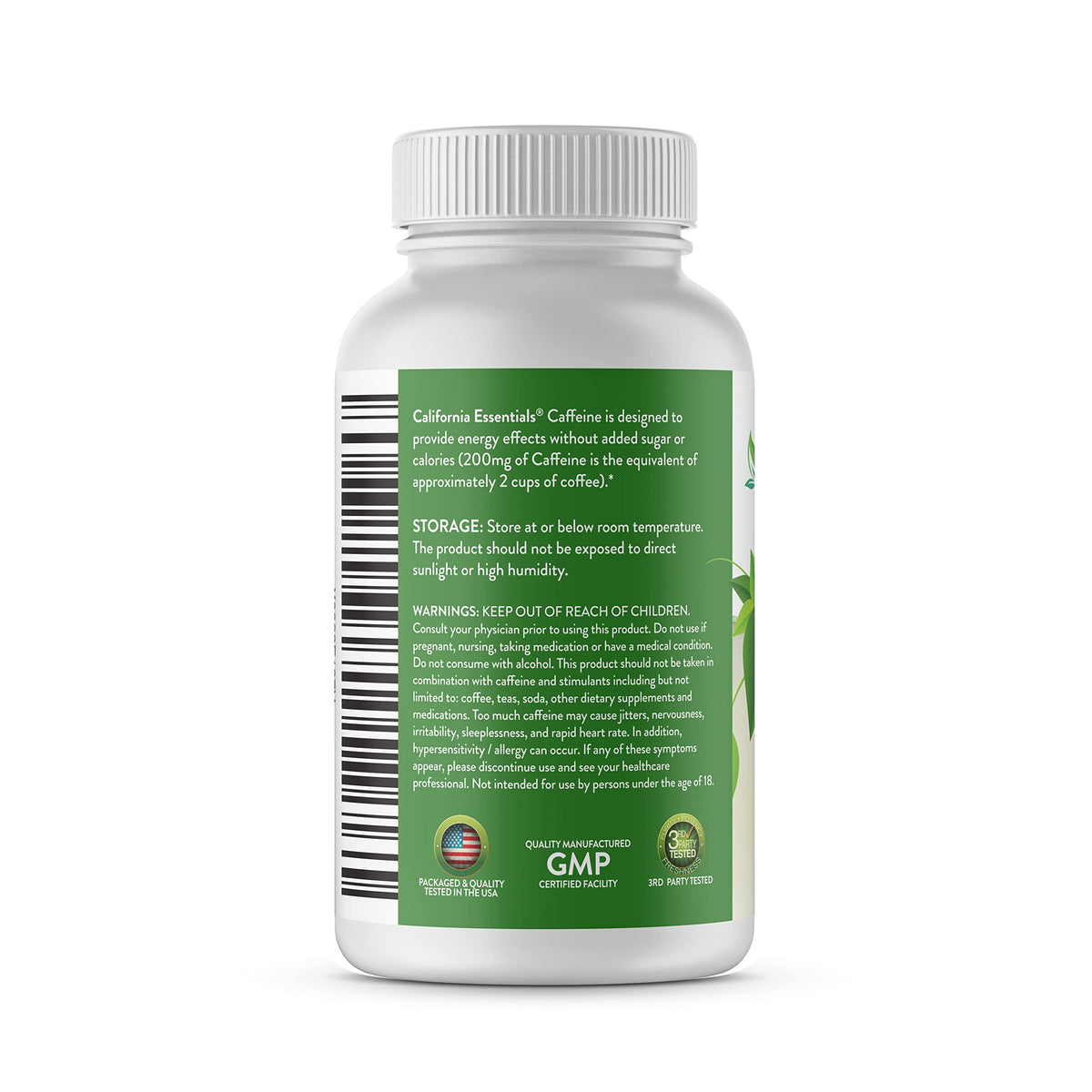 California Essentials Caffeine Pills 200mg Tablets - Energy, Focus & Endurance Support