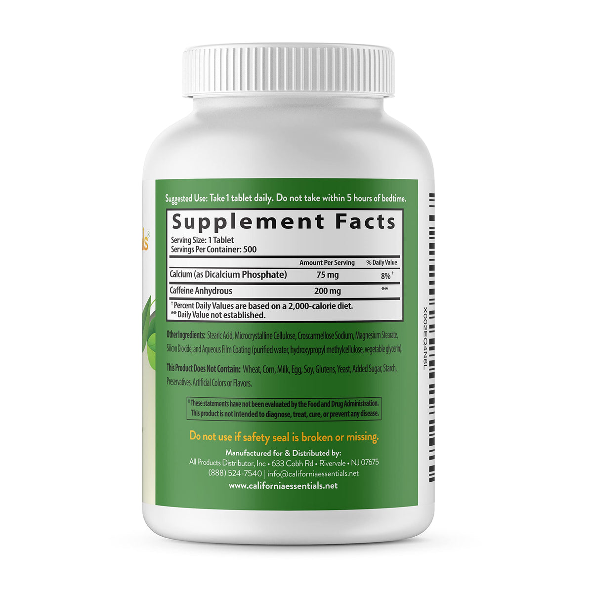 California Essentials Caffeine Pills 200mg Tablets - Energy, Focus & Endurance Support