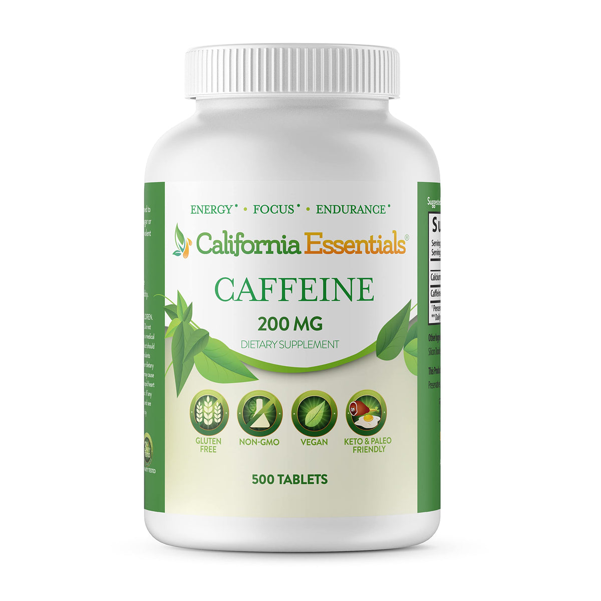 California Essentials Caffeine Pills 200mg Tablets - Energy, Focus & Endurance Support
