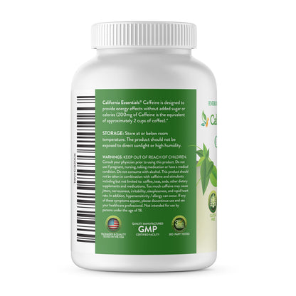 California Essentials Caffeine Pills 200mg Tablets - Energy, Focus & Endurance Support