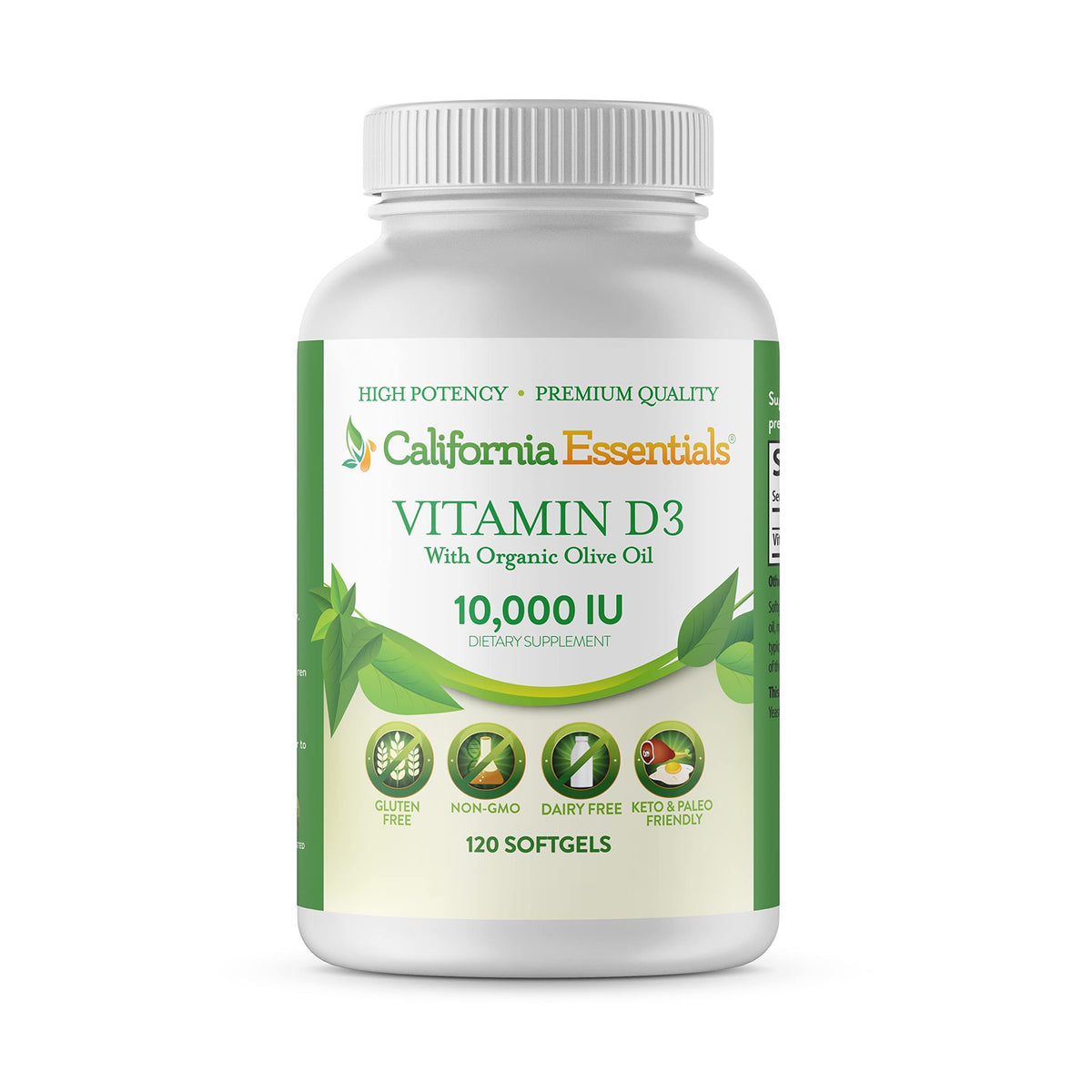 California Essentials Vitamin D3 10000 IU Softgels with Organic Olive Oil - Immune & Bone Support