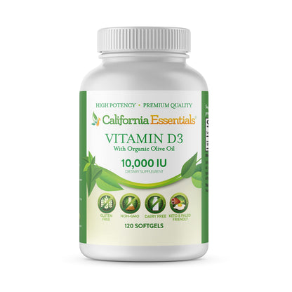 California Essentials Vitamin D3 10000 IU Softgels with Organic Olive Oil - Immune & Bone Support