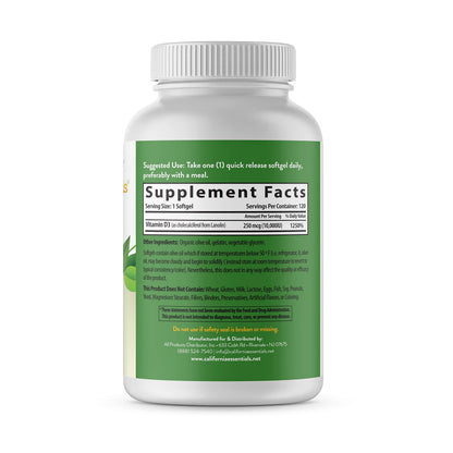 California Essentials Vitamin D3 10000 IU Softgels with Organic Olive Oil - Immune & Bone Support