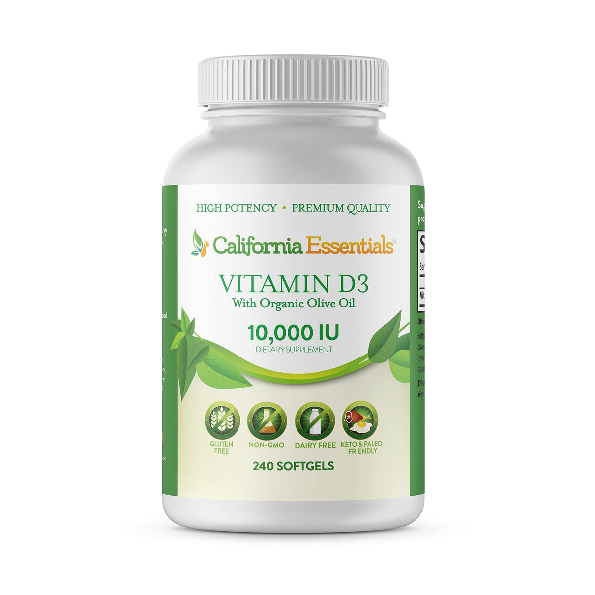 California Essentials Vitamin D3 10000 IU Softgels with Organic Olive Oil - Immune & Bone Support