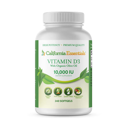 California Essentials Vitamin D3 10000 IU Softgels with Organic Olive Oil - Immune & Bone Support