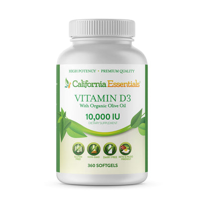 California Essentials Vitamin D3 10000 IU Softgels with Organic Olive Oil - Immune & Bone Support