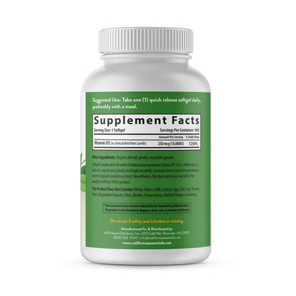 California Essentials Vitamin D3 10000 IU Softgels with Organic Olive Oil - Immune & Bone Support