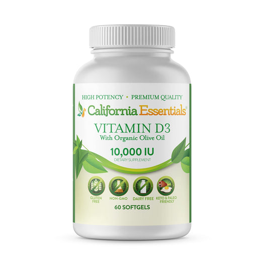 California Essentials Vitamin D3 10000 IU Softgels with Organic Olive Oil - Immune & Bone Support