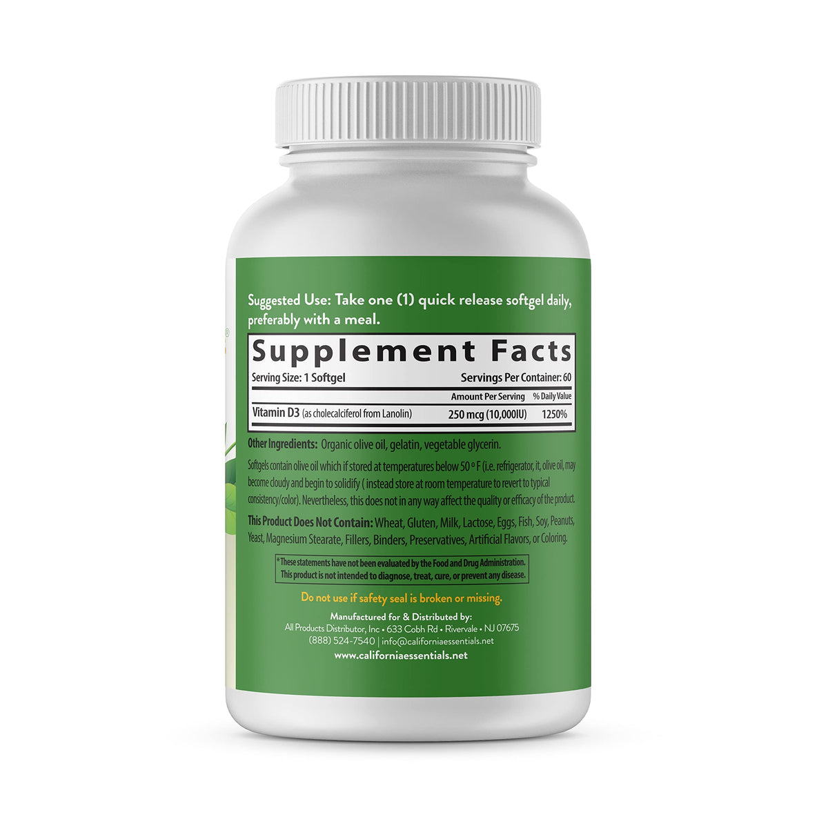 California Essentials Vitamin D3 10000 IU Softgels with Organic Olive Oil - Immune & Bone Support