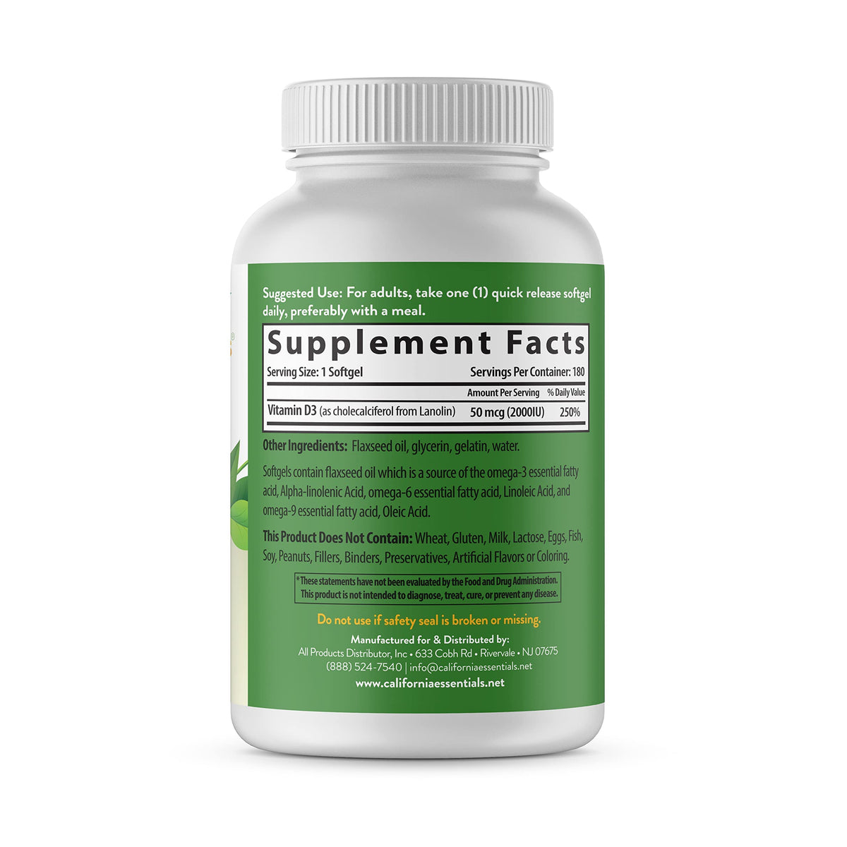California Essentials Vitamin D3 2000 IU Softgels with Flaxseed Oil - Immune & Bone Support