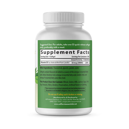 California Essentials Vitamin D3 2000 IU Softgels with Flaxseed Oil - Immune & Bone Support