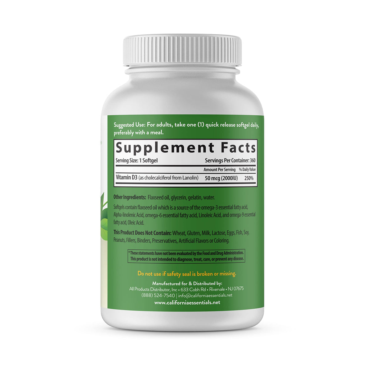 California Essentials Vitamin D3 2000 IU Softgels with Flaxseed Oil - Immune & Bone Support