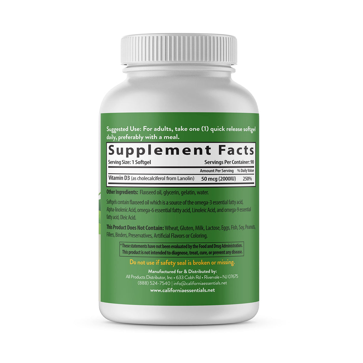 California Essentials Vitamin D3 2000 IU Softgels with Flaxseed Oil - Immune & Bone Support