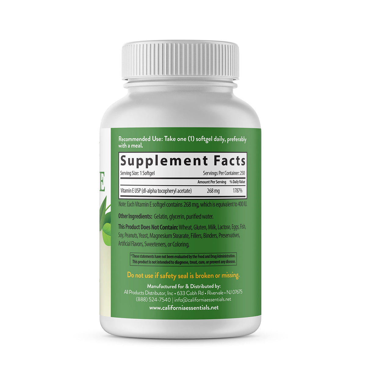 California Essentials Vitamin E 400 IU (268mg) Softgels - Gluten Free, Non-GMO