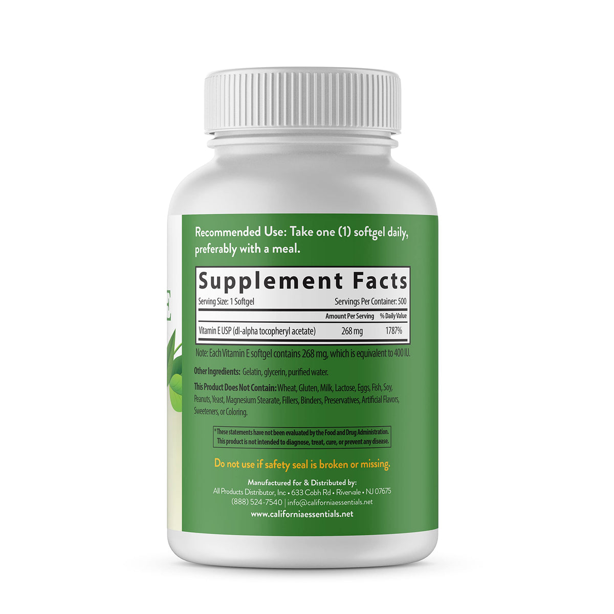 California Essentials Vitamin E 400 IU (268mg) Softgels - Gluten Free, Non-GMO